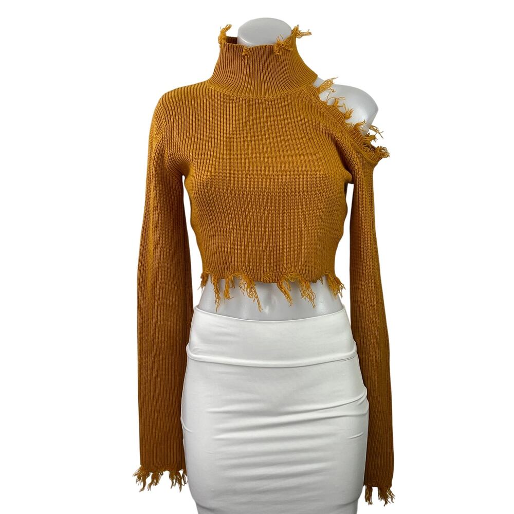 Signature 8 Women's Mustard Yellow Distressed Fringe Long Sleeve Knit Crop Top S